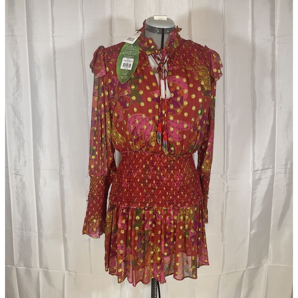 Farm Rio Banana Flower Polka Dot Red Mini Dress Small Maroon Gold Flirty NWT